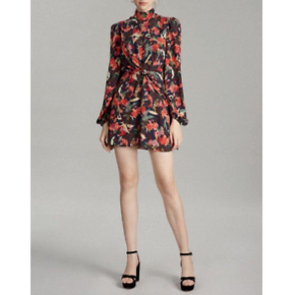 Saloni Multi-Color Dusk Moonflower Floral Demi Blouson Dress Sz 2 100% silk